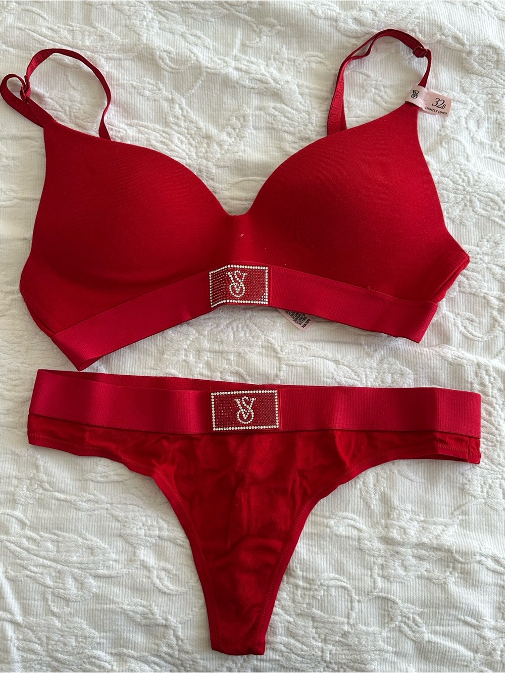 Victoria's Secret Red Bra & Thong Set with Rhinestone Logo